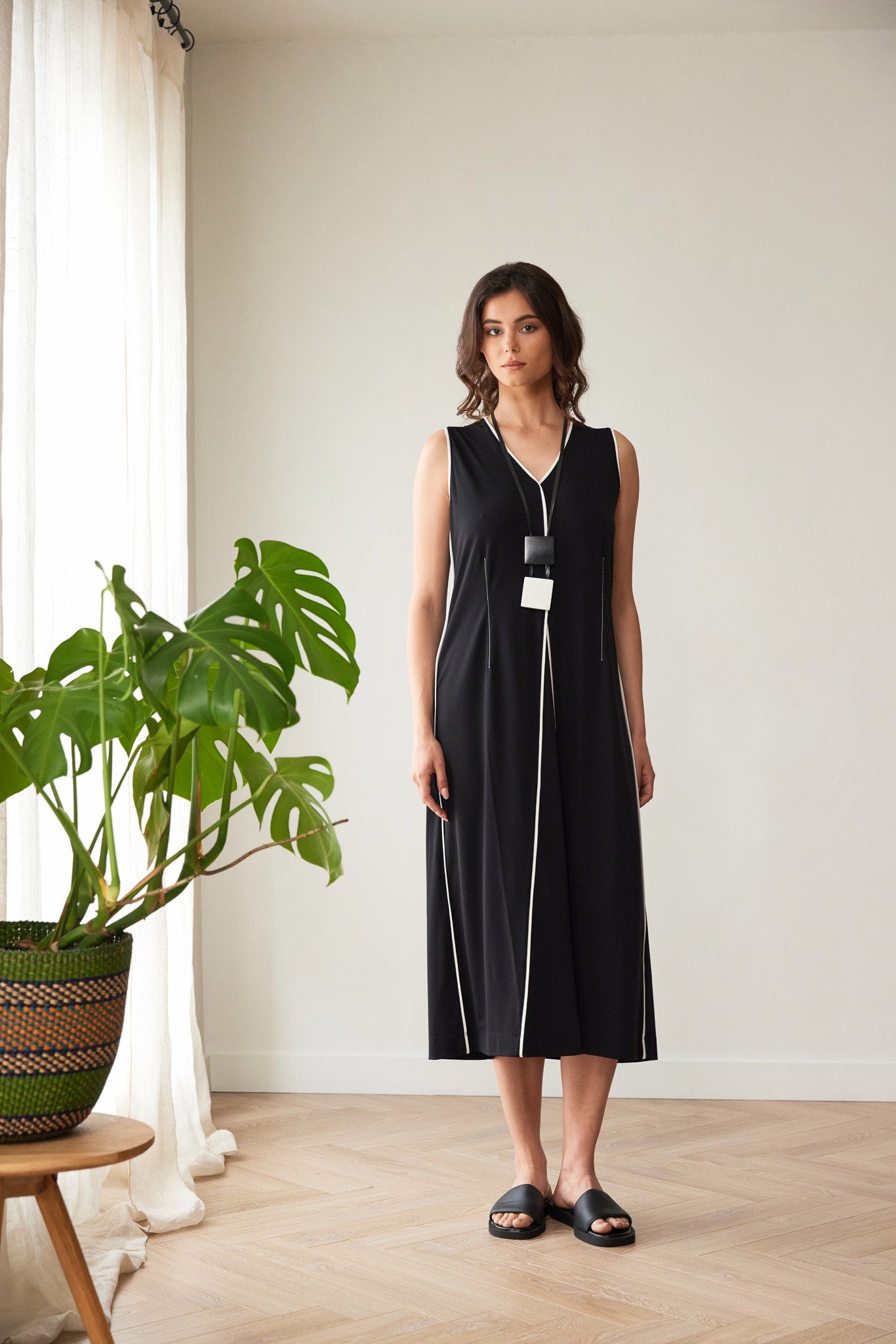 Peruzzi Piped Dress in Black and Ecru