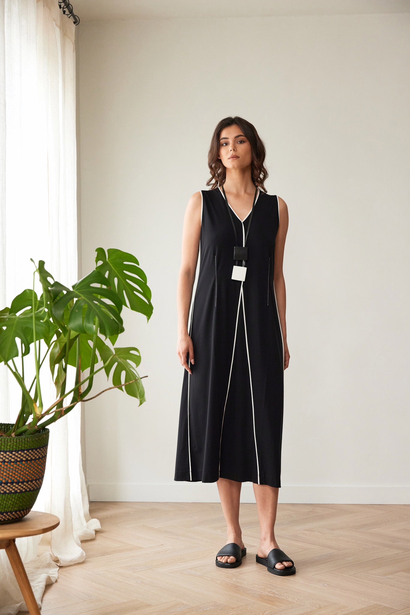 Peruzzi Piped Dress in Black and Ecru