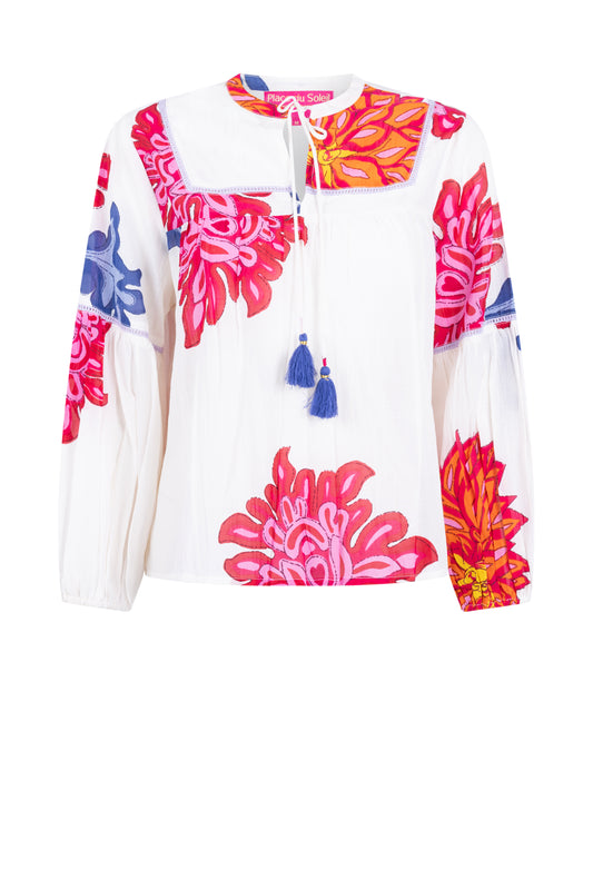 Place du Soleil Lace and Big Flower Blouse in White - flat lay