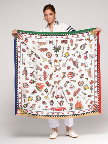 Vilagallo Silk Vintage Scarf held by model, 110 x 110 cm vintage lifestyle print in red green and navy