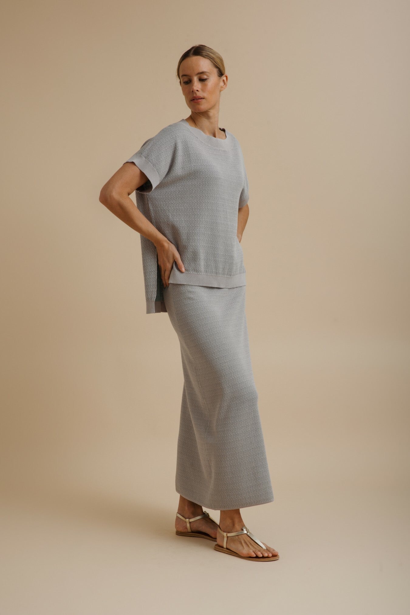 Talamaya Crepe Knitted Skirt in Silver/Sage - side view