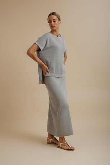 Talamaya Crepe Knitted Skirt in Silver/Sage - side view