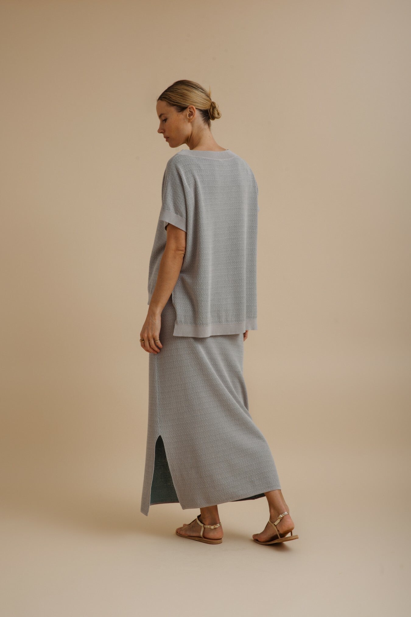 Talamaya Crepe Knitted Skirt in Silver/Sage - back view