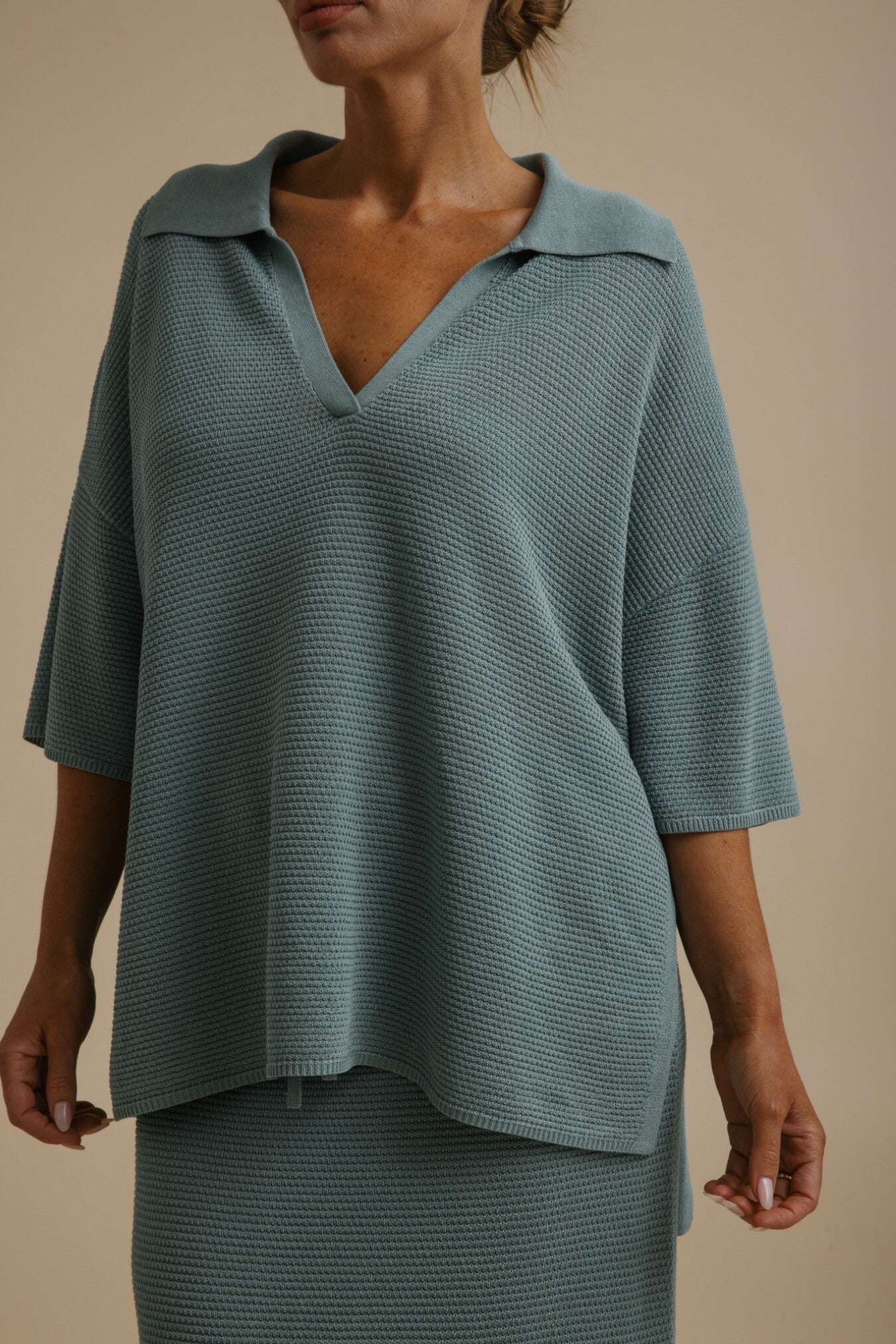 Talamaya Lattice Cruise Pullover in Sage - collar detail