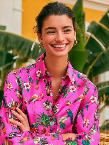 Vilagallo Tiffany Jungle Disco Silk Shirt in hot pink worn by model, tropical animal print close-up