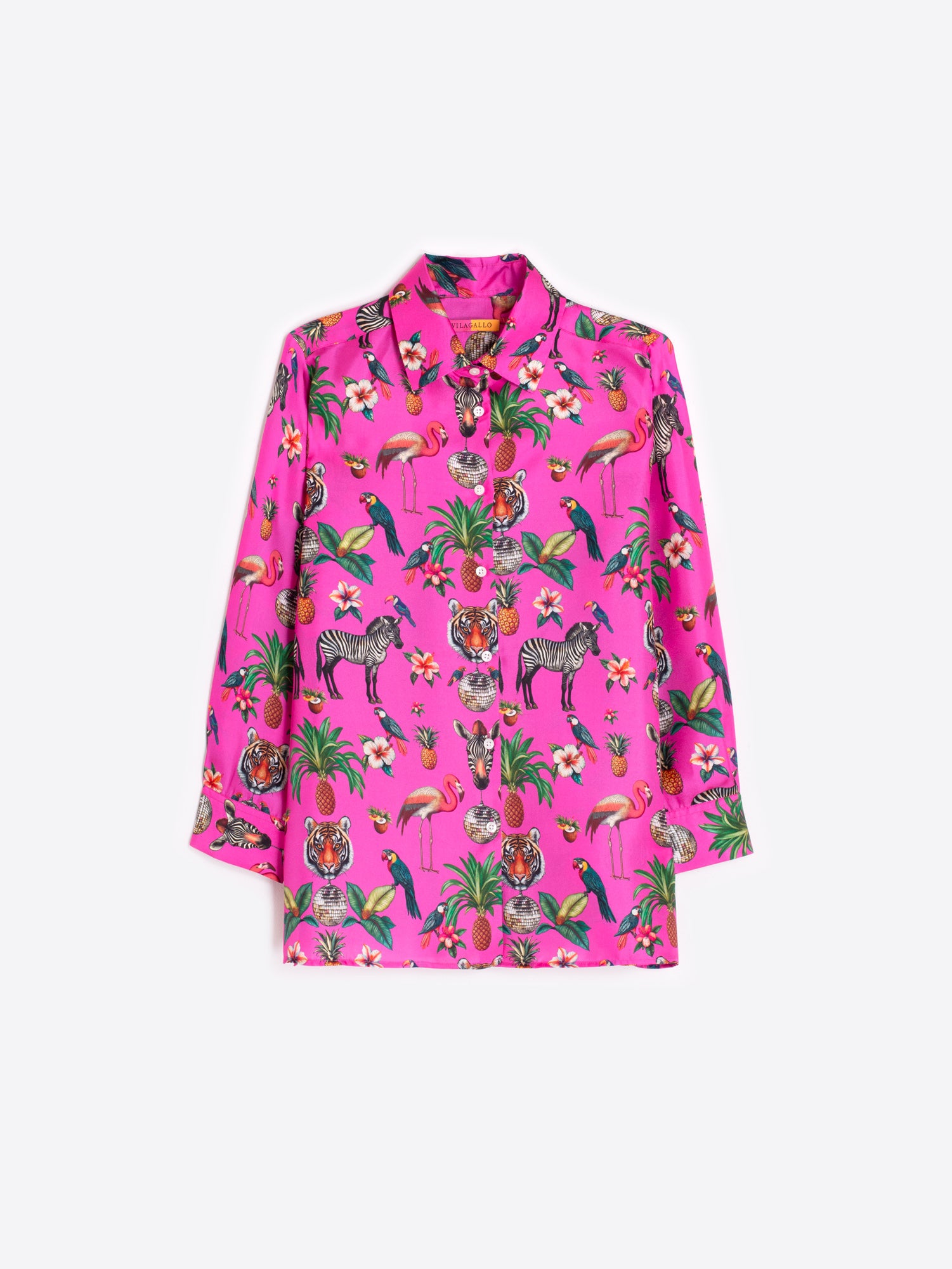 Vilagallo Tiffany Jungle Disco Silk Shirt in hot pink, flat lay of zebra tiger and flamingo silk print
