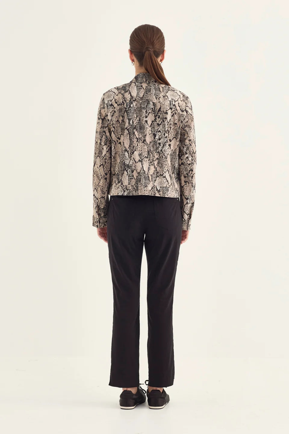 Verge Acrobat Serpent Jacket in Serpent Print, worn - back