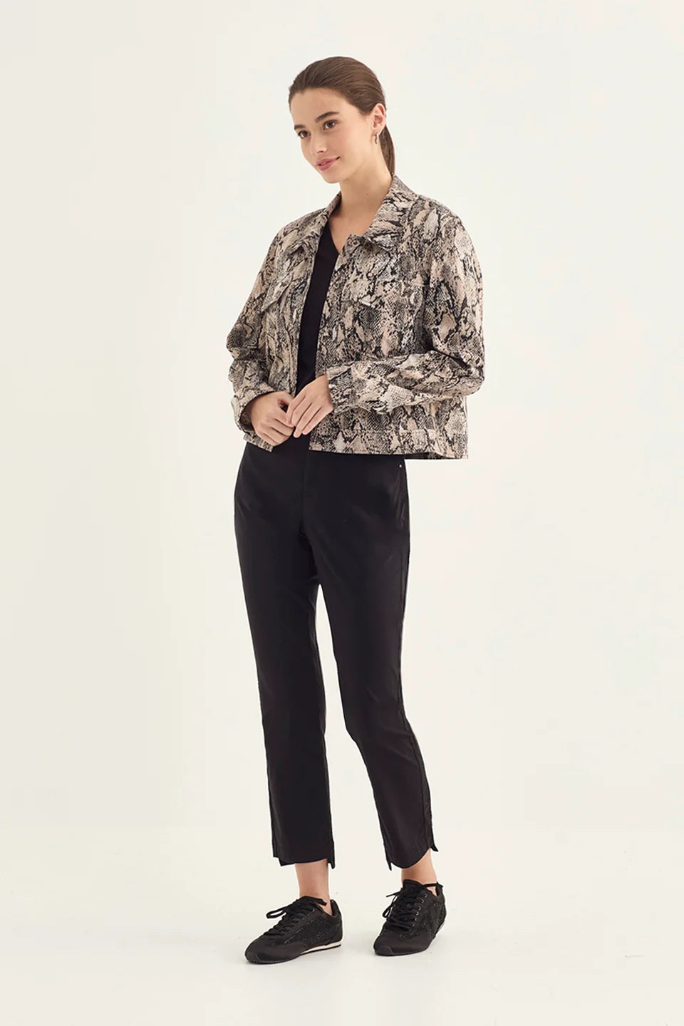 Verge Acrobat Serpent Jacket in Serpent Print, worn - front styled with black jeans
