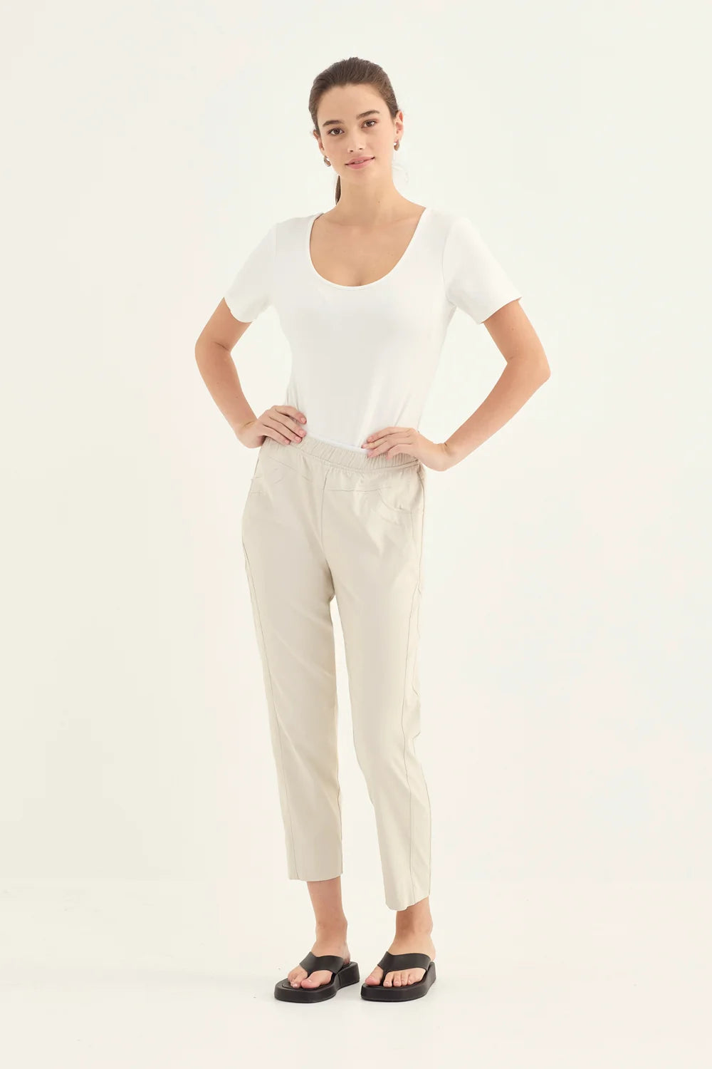 Verge Colt Pant in Putty, worn - front, hands on hips