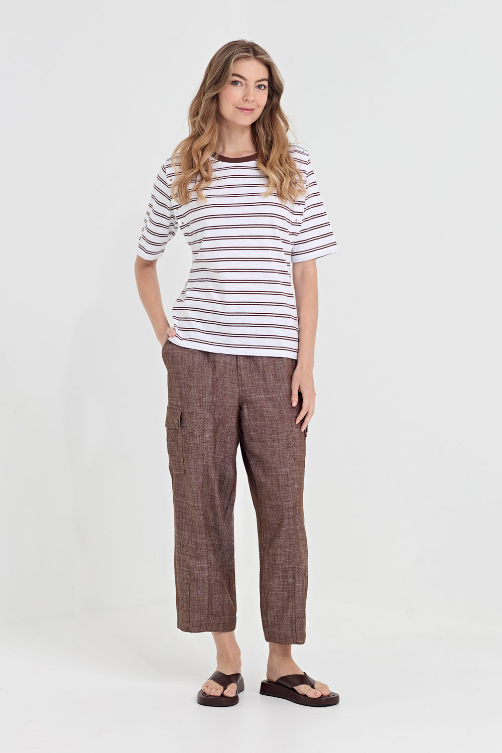 Verge Faithful Pant in Cocoa, worn - front