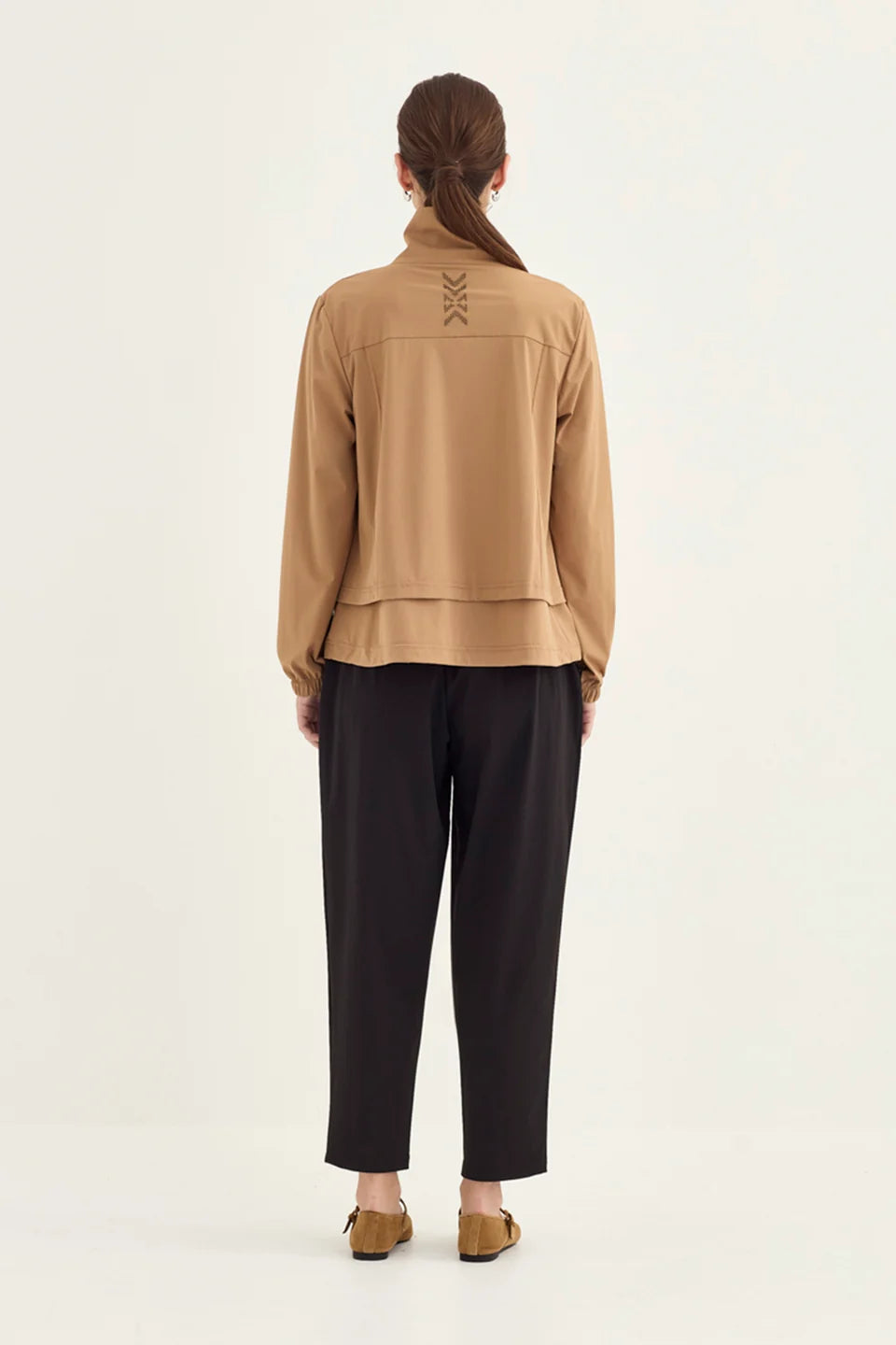 Verge Motion Jacket in Caramel, worn - back showing yoke detail