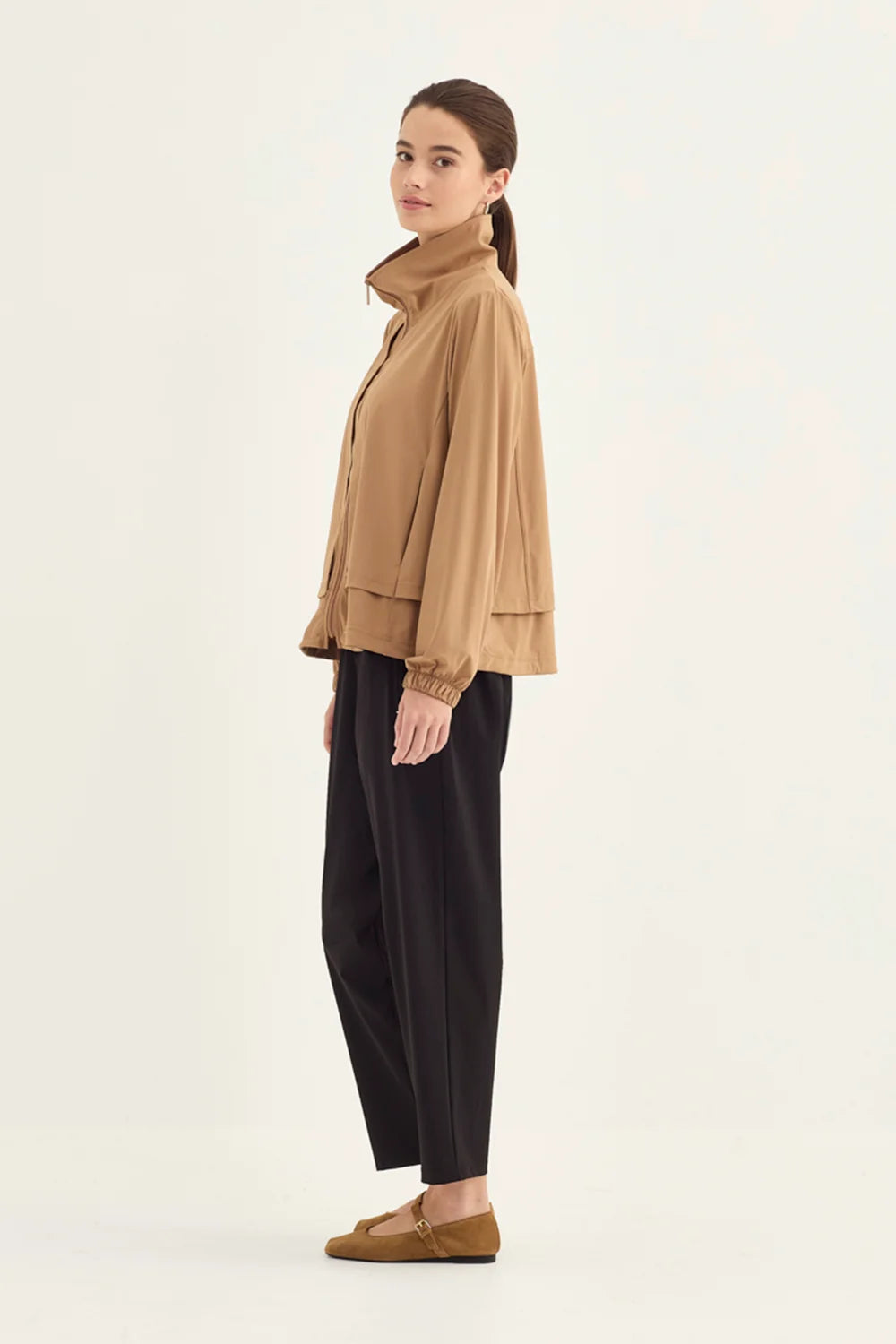 Verge Motion Jacket in Caramel, worn - side