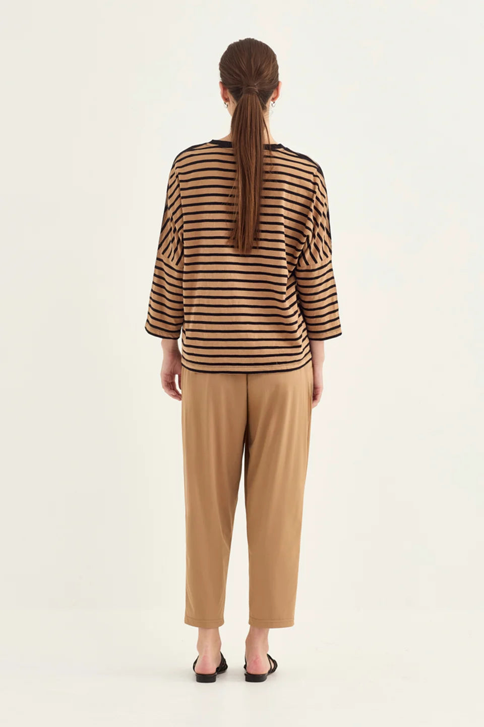 Verge Scenic Top in Black/Caramel stripe, worn - back showing reverse stripe