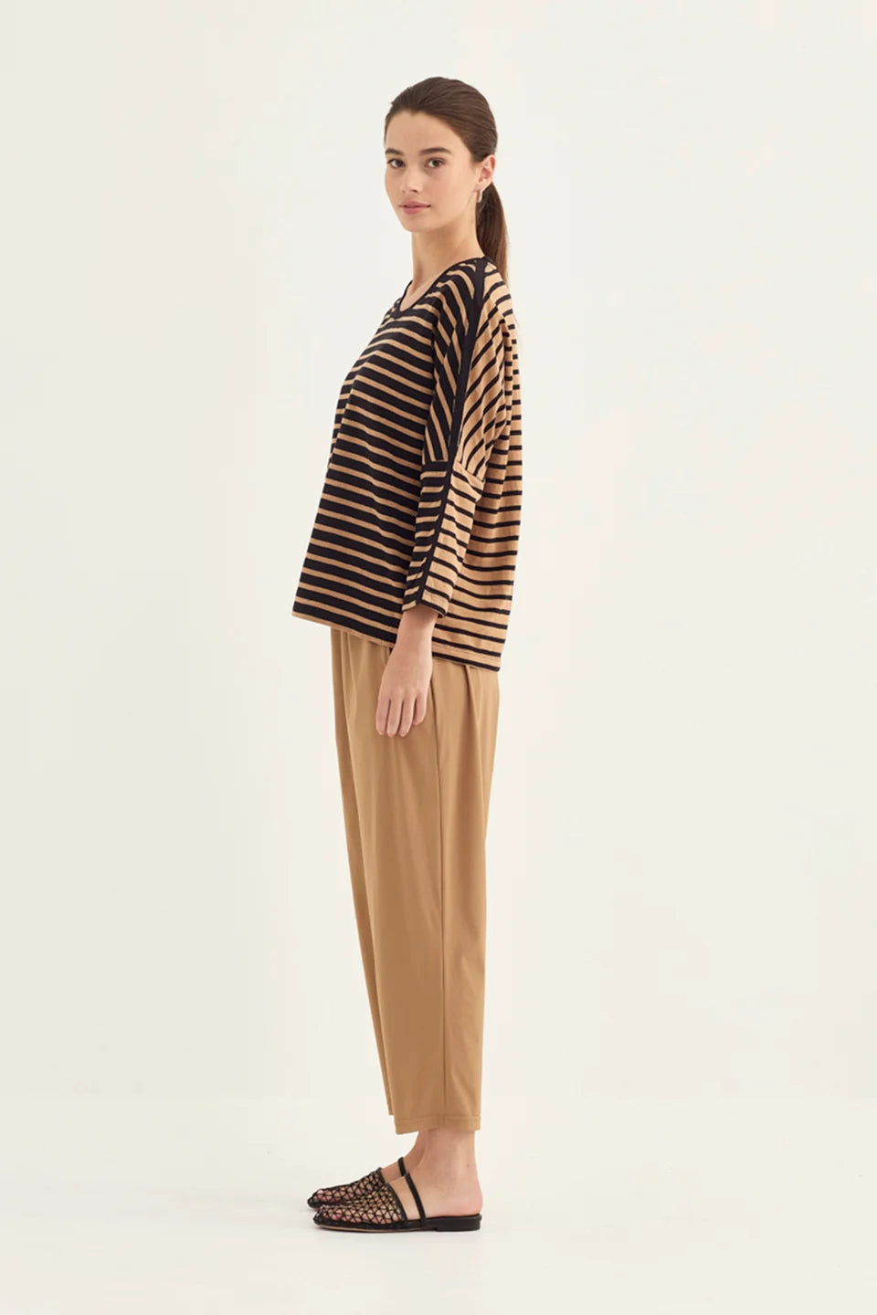 Verge Scenic Top in Black/Caramel stripe, worn - side