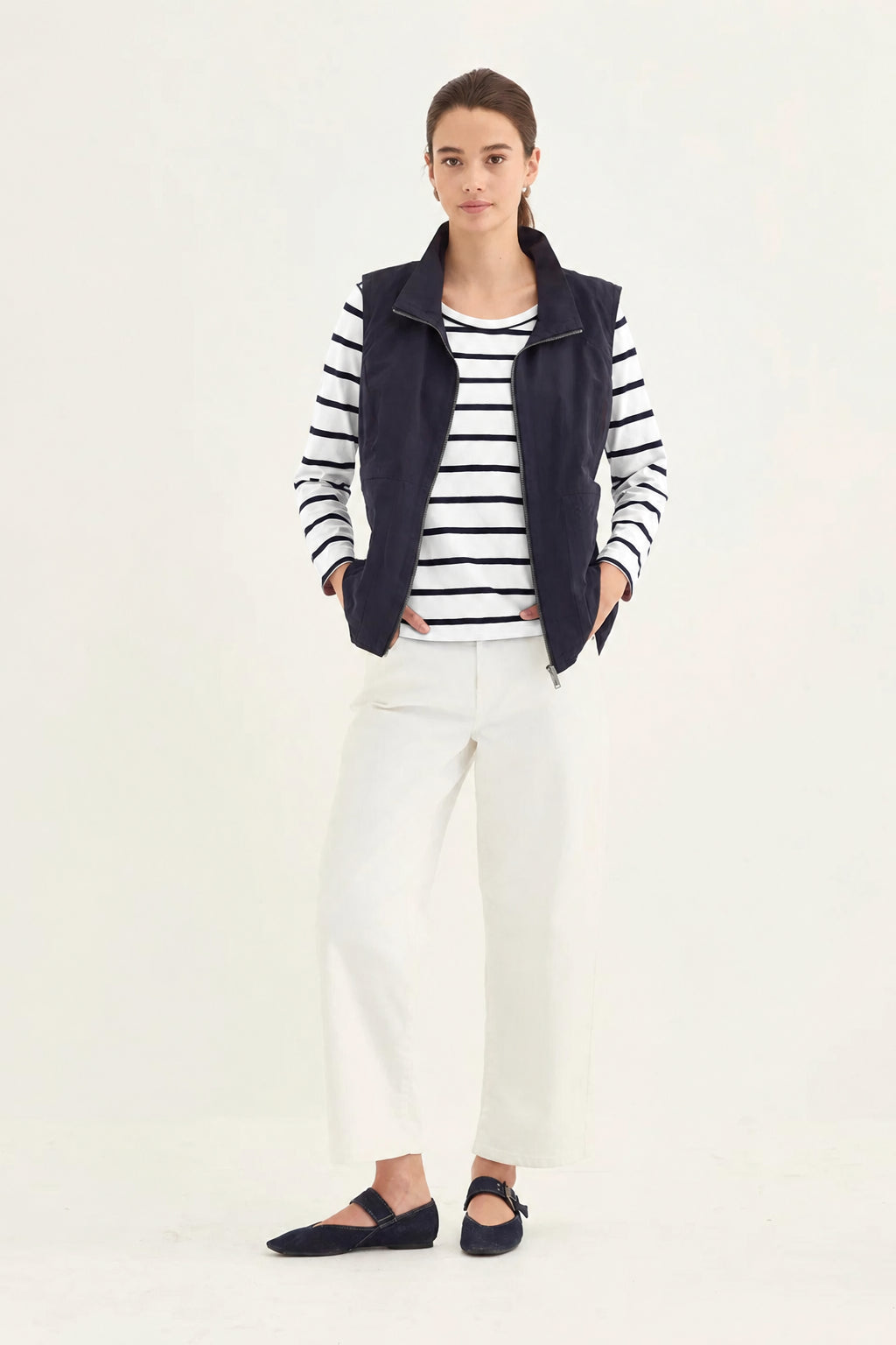 Verge Statement Vest in Ink, worn open - front