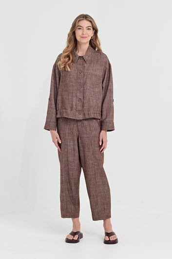 Verge True Jacket in Cocoa, worn - front styled with the Faithful Pant